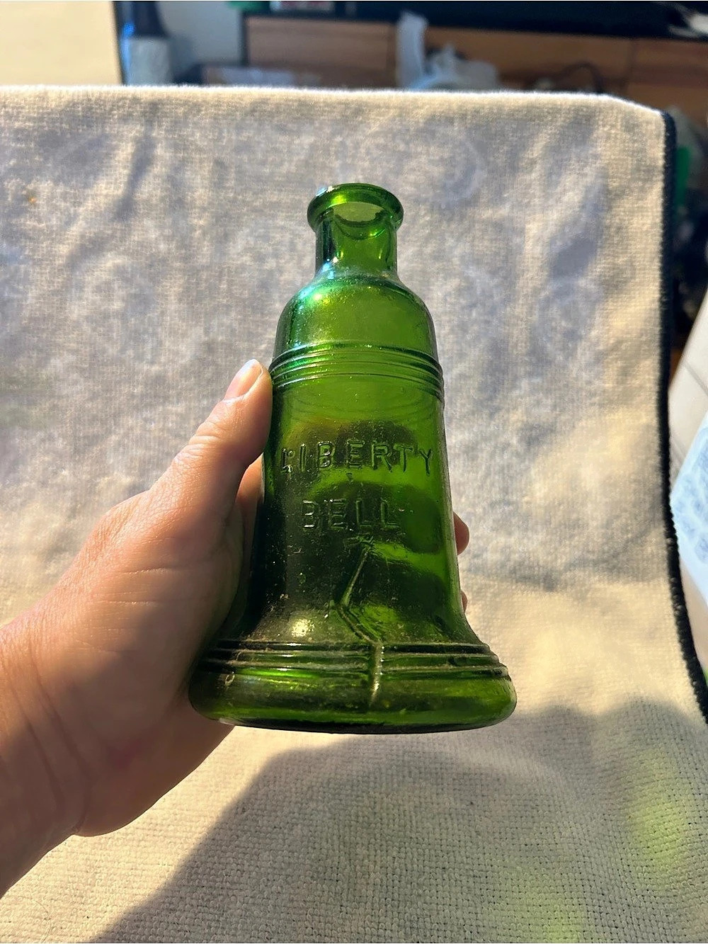Vintage Liberty Bell Green Glass Bottle Decor Bottle